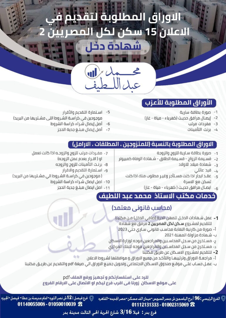 الاعلان الخامس عشر (سكن لكل المصريين2) لمحدود ومتوسط الدخل